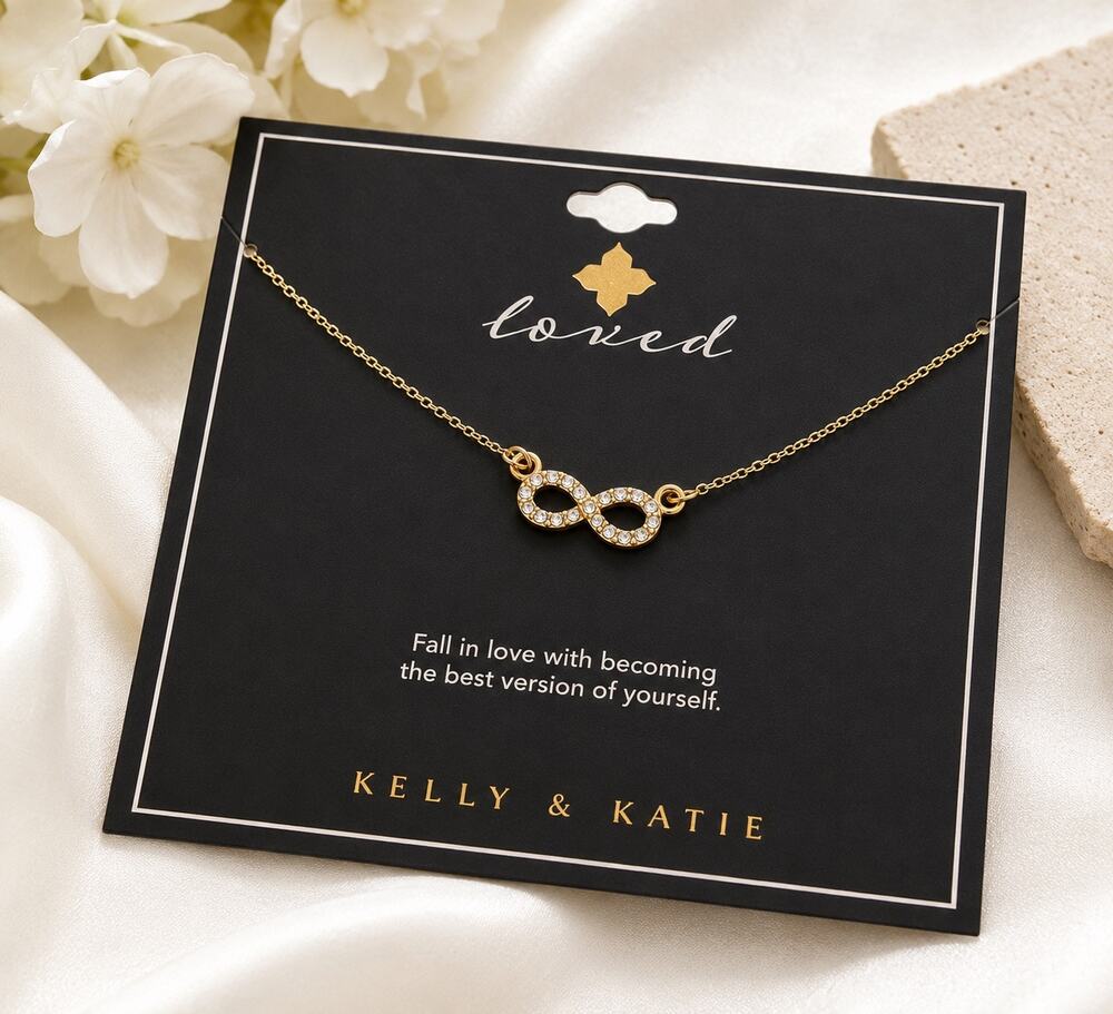 Kelly & Katie “Loved” Gold Tone Infinity Necklace | Rhinestone Pendant | NWT